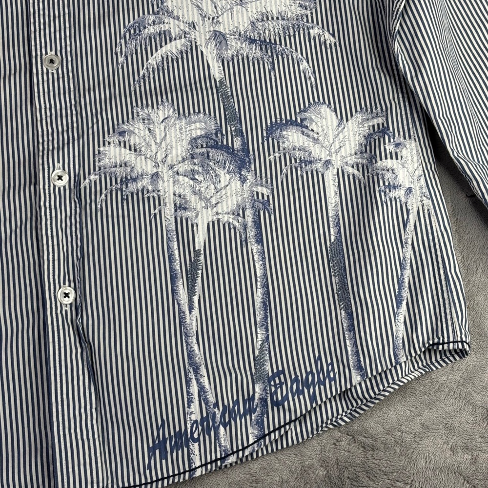 American Eagle Shirt Men Large Blue Striped Palm Tree Graphic Vintage Fit Cotton - Picture 2 of 11